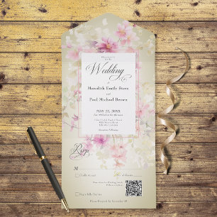 Invitation Tout En Un Aquarelle Rustique rose & Sage Code QR