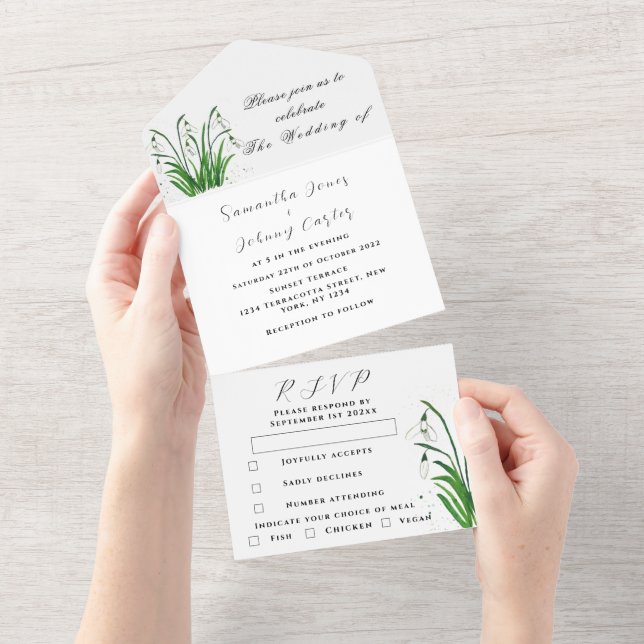 Invitation Tout En Un Aquarelle Snowdrops Blanc Floral Mariage (Déchirure)