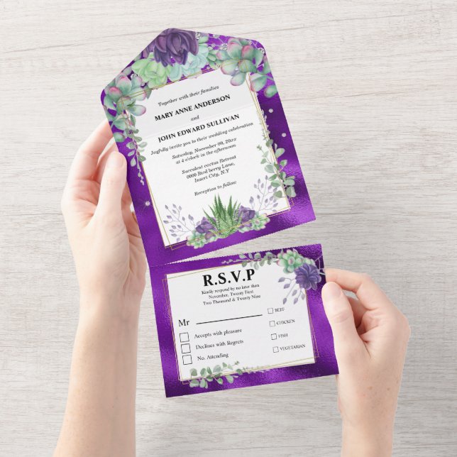 Invitation Tout En Un Aquarelle succulente paon couleurs chic mariage (Déchirure)