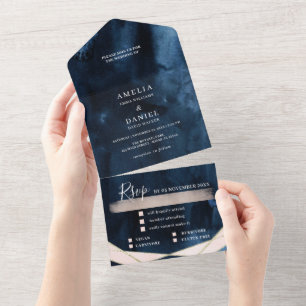 Invitation Tout En Un Aquarelle Texture Moody Marine Mariage bleu rose
