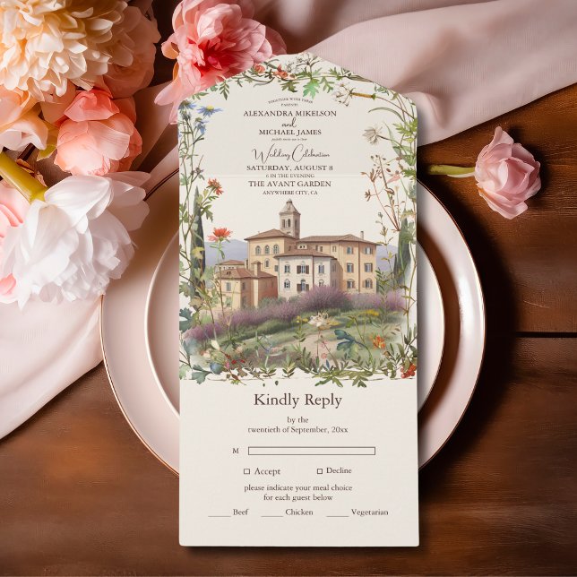 Invitation Tout En Un Aquarelle Toscane Italie Destination Mariage (Créateur téléchargé)