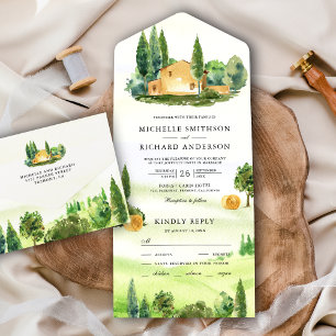 Invitation Tout En Un Aquarelle Toscane Paysage Mariage agricole italien