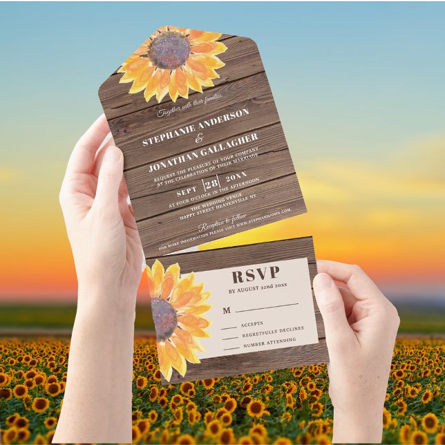 Invitation Tout En Un Aquarelle Tournesol Grange Bois (Créateur téléchargé)