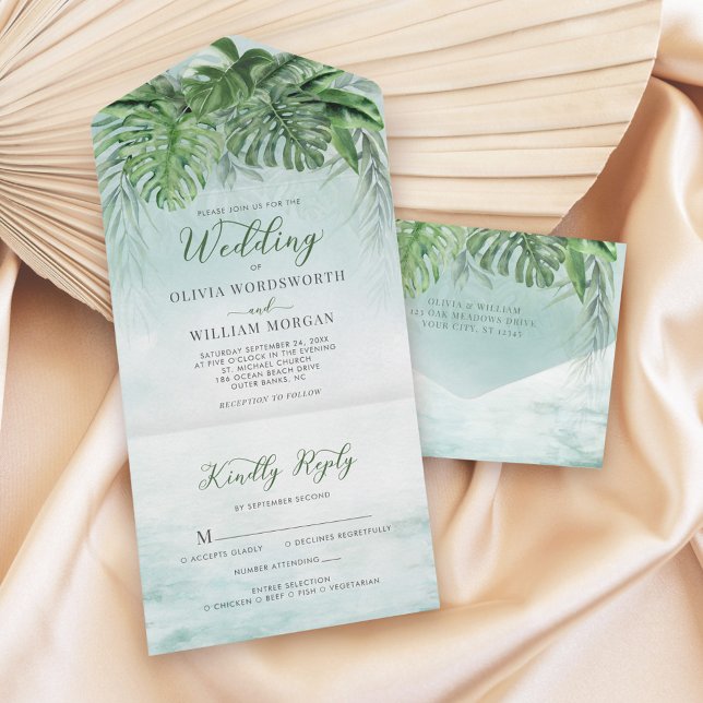 Invitation Tout En Un Aquarelle tropicale Feuille Verdure Plage Mariage (Créateur téléchargé)