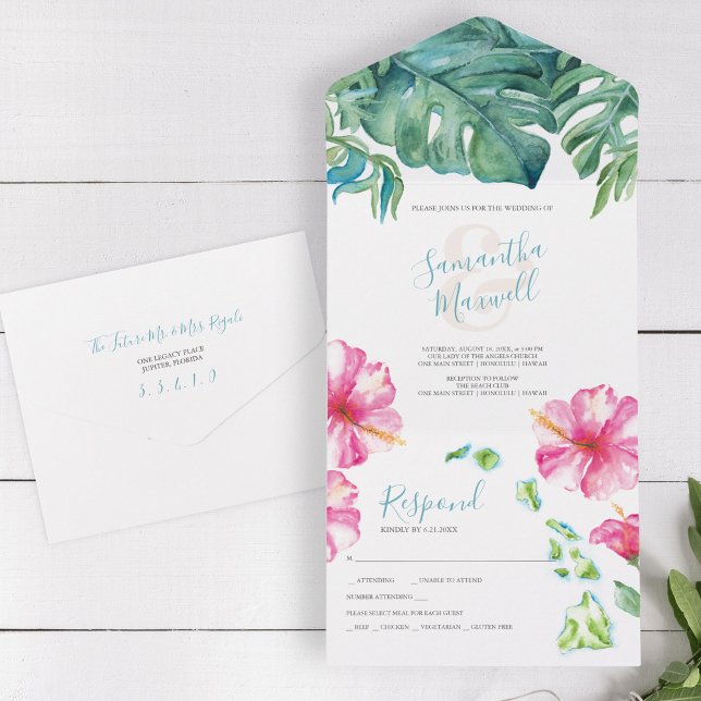Invitation Tout En Un Aquarelle tropicale Hawaï Mariage (All in one destination wedding invitations watercolor Hawaiian islands tropical flowers leaves)