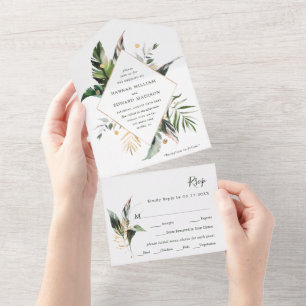 Invitation Tout En Un Aquarelle tropicale Mariage vert du feuillage
