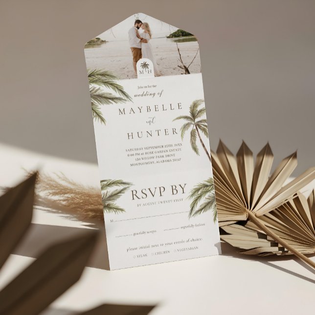 Invitation Tout En Un Aquarelle tropicale Palmiers Boho Mariage Photo (Tropical Watercolor Palm Trees Boho Wedding Photo All In One Invitation)
