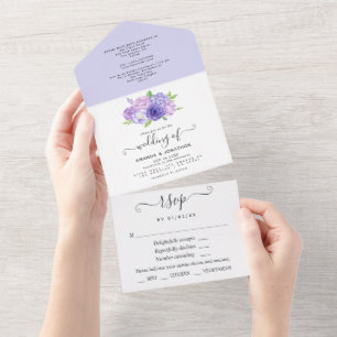Invitation Tout En Un Aquarelle Ultra Violet Mariage Floral Tout en un
