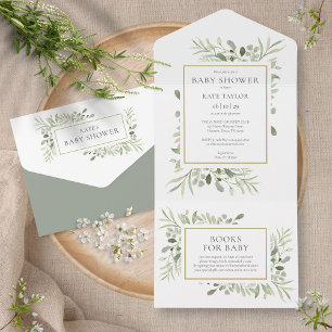 Invitation Tout En Un Aquarelle Verdure Baby shower Foliage Tout en un