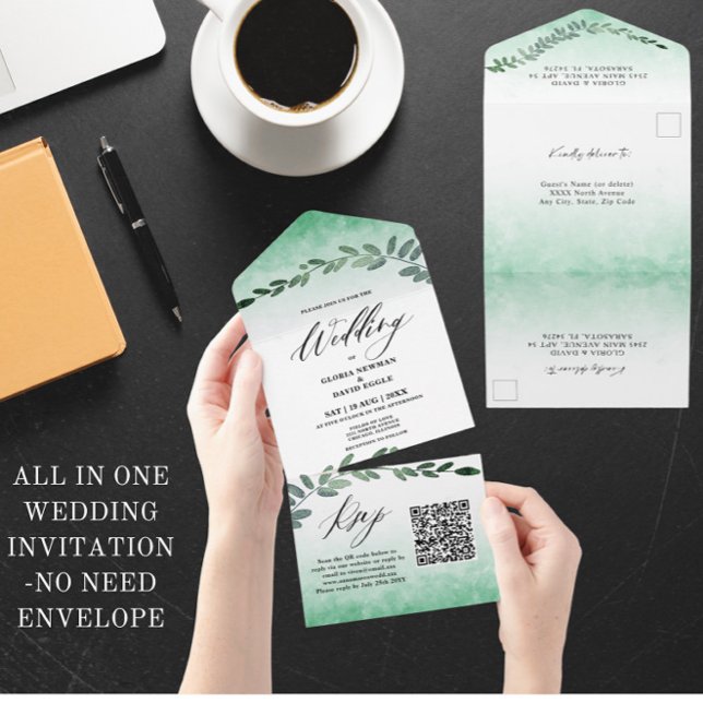 Invitation Tout En Un Aquarelle verte QR Code Tout en un (Créateur téléchargé)