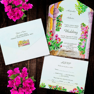 Invitation Tout En Un Aquarelle Vielle ville & Fleurs Mexique Mariage