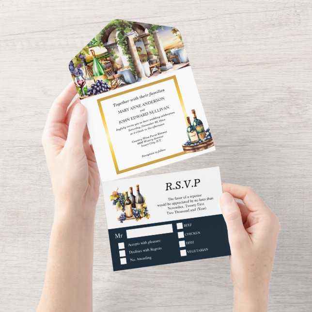 Invitation Tout En Un Aquarelle vignes bouteilles de vin raisins vigne c (Déchirure)