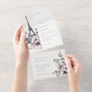 Invitation Tout En Un Aquarelle vintage Tour Eiffel Mariage Floral