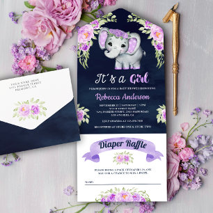 Invitation Tout En Un Aquarelle violette Floral Elephant Marine Baby sho