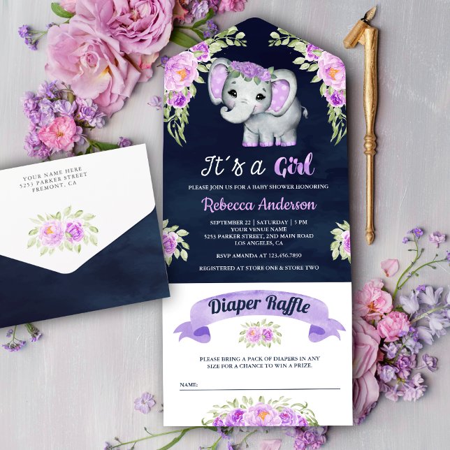 Invitation Tout En Un Aquarelle violette Floral Elephant Marine Baby sho (Créateur téléchargé)
