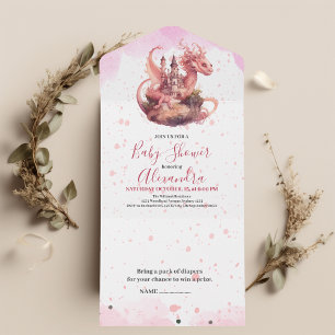 Invitation Tout En Un Aquarelle Whimsical Baby shower de dragon rose