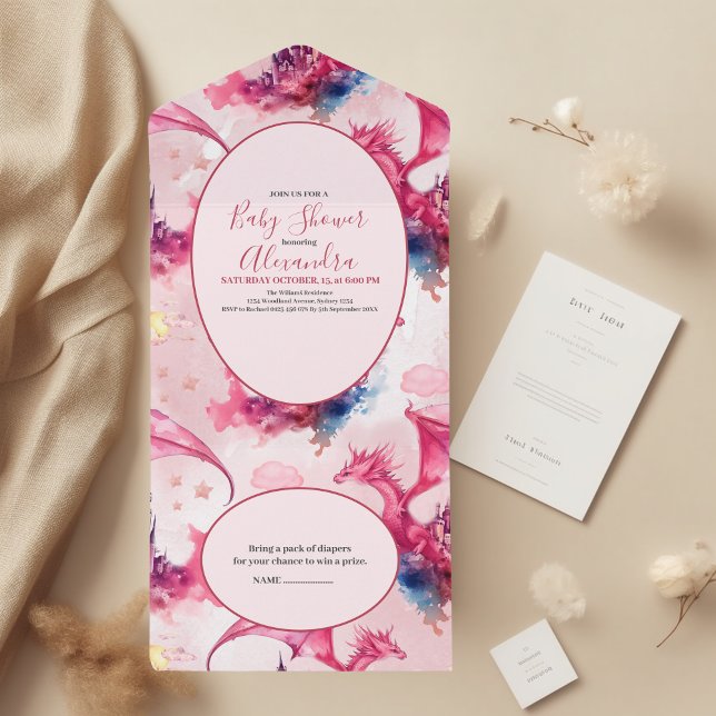 Invitation Tout En Un Aquarelle Whimsical Baby shower de dragon rose (Créateur téléchargé)
