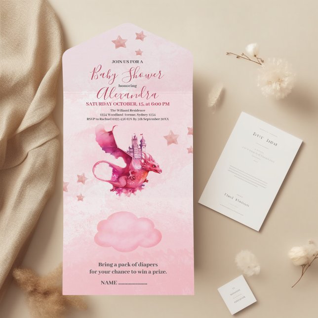 Invitation Tout En Un Aquarelle Whimsical Baby shower de dragon rose (Créateur téléchargé)