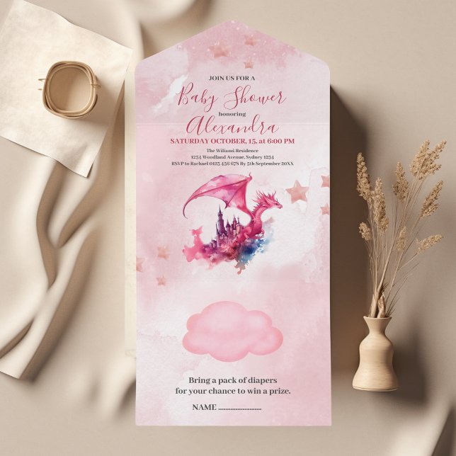 Invitation Tout En Un Aquarelle Whimsical Baby shower de dragon rose (Créateur téléchargé)