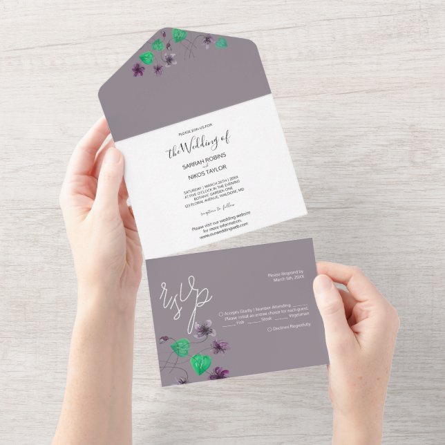 Invitation Tout En Un Aquarelle Wild Wiolets Peinte à la main (Déchirure)