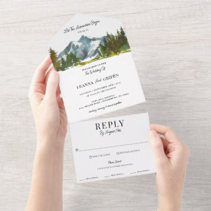 Invitation Tout En Un Aquarelle Woodland Mountains Mariage moderne