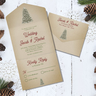 Invitation Tout En Un Arbre de Noël Vintage avec lumières Mariage Kraft