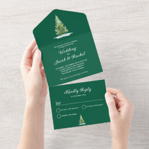 Invitation Tout En Un Arbre de pin enneigé vert foncé Mariage d'hiver
