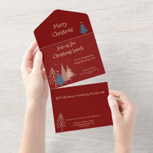 Invitation Tout En Un Arbres de Noël Rouge Profond 4 Vert Rose Or Fête 