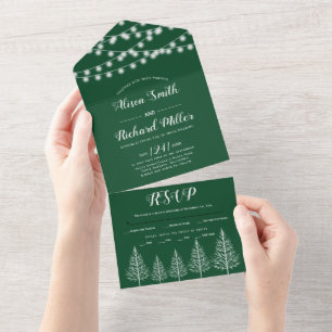 Invitation Tout En Un Arbres et lumières mariage vert émeraude hiver