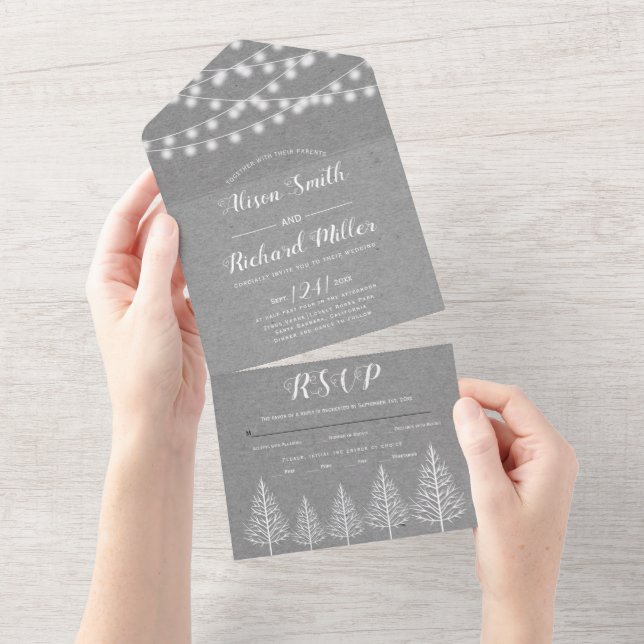 Invitation Tout En Un Arbres et lumières papier kraft gris mariage d'hiv (Déchirure)