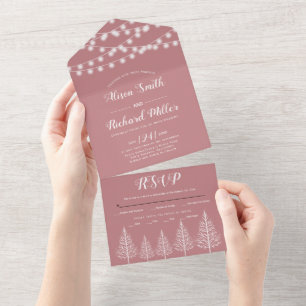 Invitation Tout En Un Arbres et lumières poussiéreux mariage d'hiver ros
