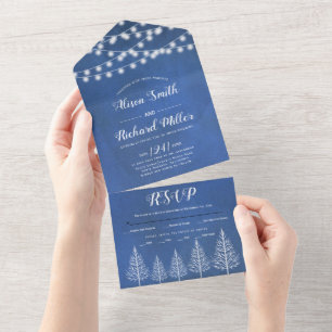 Invitation Tout En Un Arbres et lumières tachés bleu mariage d'hiver tou