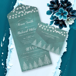 Invitation Tout En Un Arbres et lumières tachés turquoise bleu mariage d
