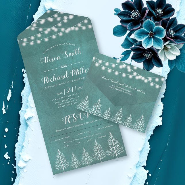 Invitation Tout En Un Arbres et lumières tachés turquoise bleu mariage d (Créateur téléchargé)