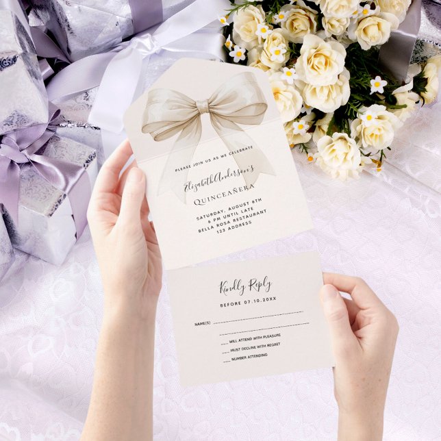 Invitation Tout En Un Arc crème beige Quinceanera rsvp (Créateur téléchargé)