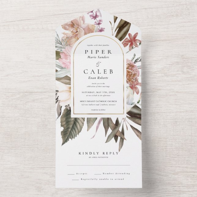Invitation Tout En Un Arc de mariage à la fleur sauvage dorée (À l'intérieur)