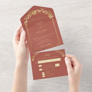 Invitation Tout En Un Arc de mariage élégant en terre cuite couleur roui