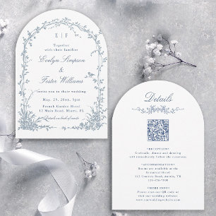 Invitation Tout en Un Arc de Mariage Jardin Floral Bleu Pouss