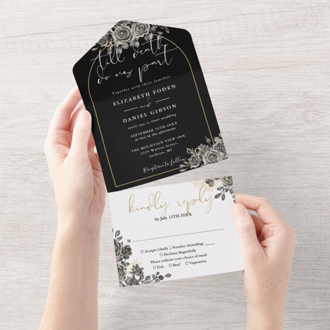 Invitation Tout En Un Arc d'or gothique Rose noir Mariage floral (Déchirure)