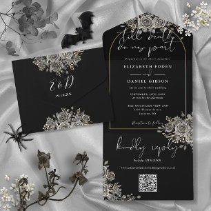 Invitation Tout En Un Arc d'or gothique Rose noir QR Code Mariage