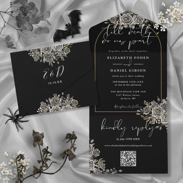 Invitation Tout En Un Arc d'or gothique Rose noir QR Code Mariage (Gothic Gold Arch Black Roses QR Code Wedding All In One Invitation)
