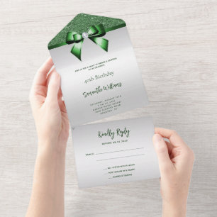 Invitation Tout En Un Arc émeraude féminin et paillettes d'anniversaire