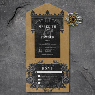 Invitation Tout En Un Arc noir gothique et Rose noir Or Pas de dîner