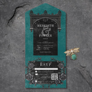 Invitation Tout En Un Arc noir gothique et Rose noir Turquoise QR Code