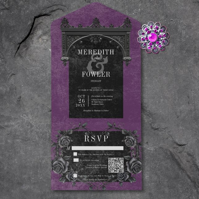 Invitation Tout En Un Arc noir gothique et Rose noir violet code QR (Gothic Black Arch & Black Roses Purple QR Code All In One Invitation)