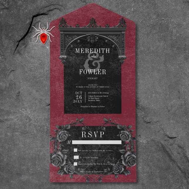 Invitation Tout En Un Arc noir gothique et vin Rose noir Pas de dîner (Gothic Black Border 8 & Black Roses Wine No Dinner All In One Invitation)