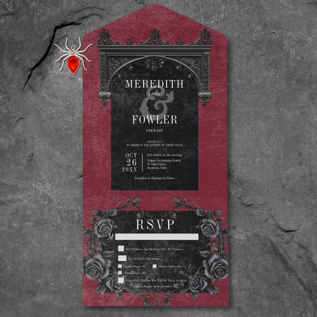 Invitation Tout En Un Arc noir gothique et vin Rose noir Trois dîners (Gothic Black Arch & Black Roses Wine Three Dinner All In One Invitation)