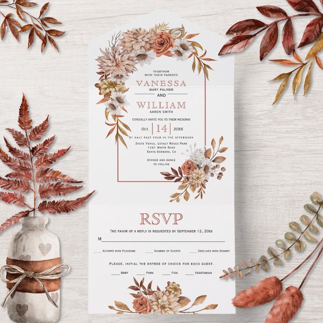 Invitation Tout En Un Arche avec fleurs d'automne et mariage de automne  (Créateur téléchargé)