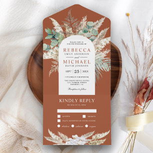 Invitation Tout En Un Arche de mariage en eucalyptus terracotta des Pamp