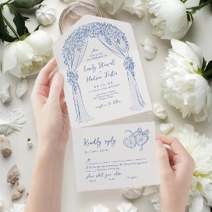 Invitation Tout En Un Arche florale dessinée à la main bleue Mariage fan